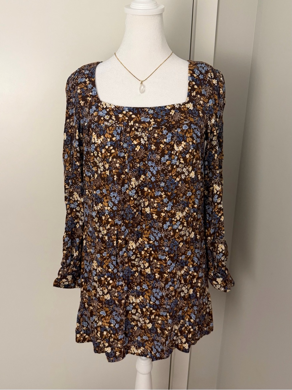 Reformation Blake Dress - Brown and Blue Floral Long Puff Sleeve Mini Dress
